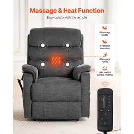 Vevor elektrischer Massagesessel Relaxsessel Liftsessel mit Wärme und Massage für Senioren, Liegesessel mit 2 Motoren & 2 Anti-Fall-Seilen, stufenlose Positionseinstellung (mittelgroß, dunkelgrau)