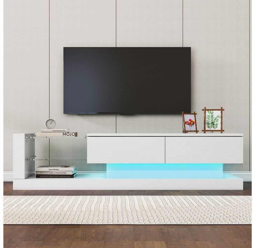 REDOM TV-Schrank TV-Schrank hochglanz mit Klapptüren (Breite:140cm) TV-Schrank, mit Glasablagen und LED-Beleuchtung weiß