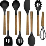 8-Teiliges Küchenhelfer Set, Silikon Küchenutensilien Kochlöffel Set mit Holzgriff und Loch für Kochen und Backen, Antihaft Hitzebeständiges Küchenhelfer, Schneebesen, Spatel(Schwarz)
