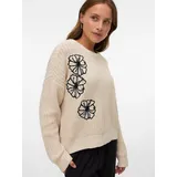 Vero Moda Rundhalspullover VERO MODA "VMLAURA LS O-NECK PULLOVER BOO", Damen, Gr. M, beige (birch detail:with schwarz), Strick, Obermaterial: 60% Baumwolle, 40% Polyacryl, gemustert, regular fit, Rundhals, Rippstrickbündchen, Pullover Rundhalspullover