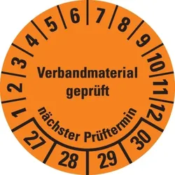 Dreifke® Prüfplakette Verbandmaterial geprüft,NP 27-30,orange,Dokufolie,Ø 35mm,10 St/Bogen
