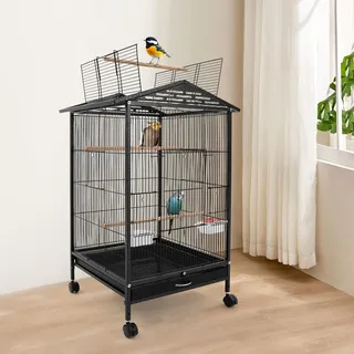 AQIFAND Großer Vogelkäfig mit Rollen, Metallkäfig für mittlere Vögel Mit Futterstation & Sitzstangen 4 Lenkrollen (2 Bremsen) 46x46x86cm Ideal für Wellensittiche & Nymphensittiche (Schwarz)