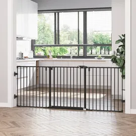 PawHut Hunde Absperrgitter Türschutzgitter mit Tür klappbar Schwarz 202,5 cm