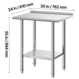 Vevor Edelstahltisch Gastro 762 x 610 x 894 mm, Verstellbarer Edelstahltisch mit Aufkantung, Arbeitstisch mit Grundboden für Restaurant Schwerlast Obere Ablage (204 kg) Untere Ablage (168 kg)