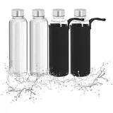 Relaxdays Trinkflasche, 4er Set, 500 ml, auslaufsicher, Glasflasche mit Hülle, HxD: ca. 23,5x6,5 cm, transparent/schwarz