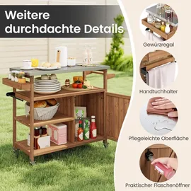 Costway Grillwagen Outdoor, Servierwagen auf Rollen, mit Edelstahl-Arbeitsplatte, Ablagen, Gewürzregal, Schrank&Handtuchhalter, (1 Tür-118x47x92 cm) - Naturbelassen