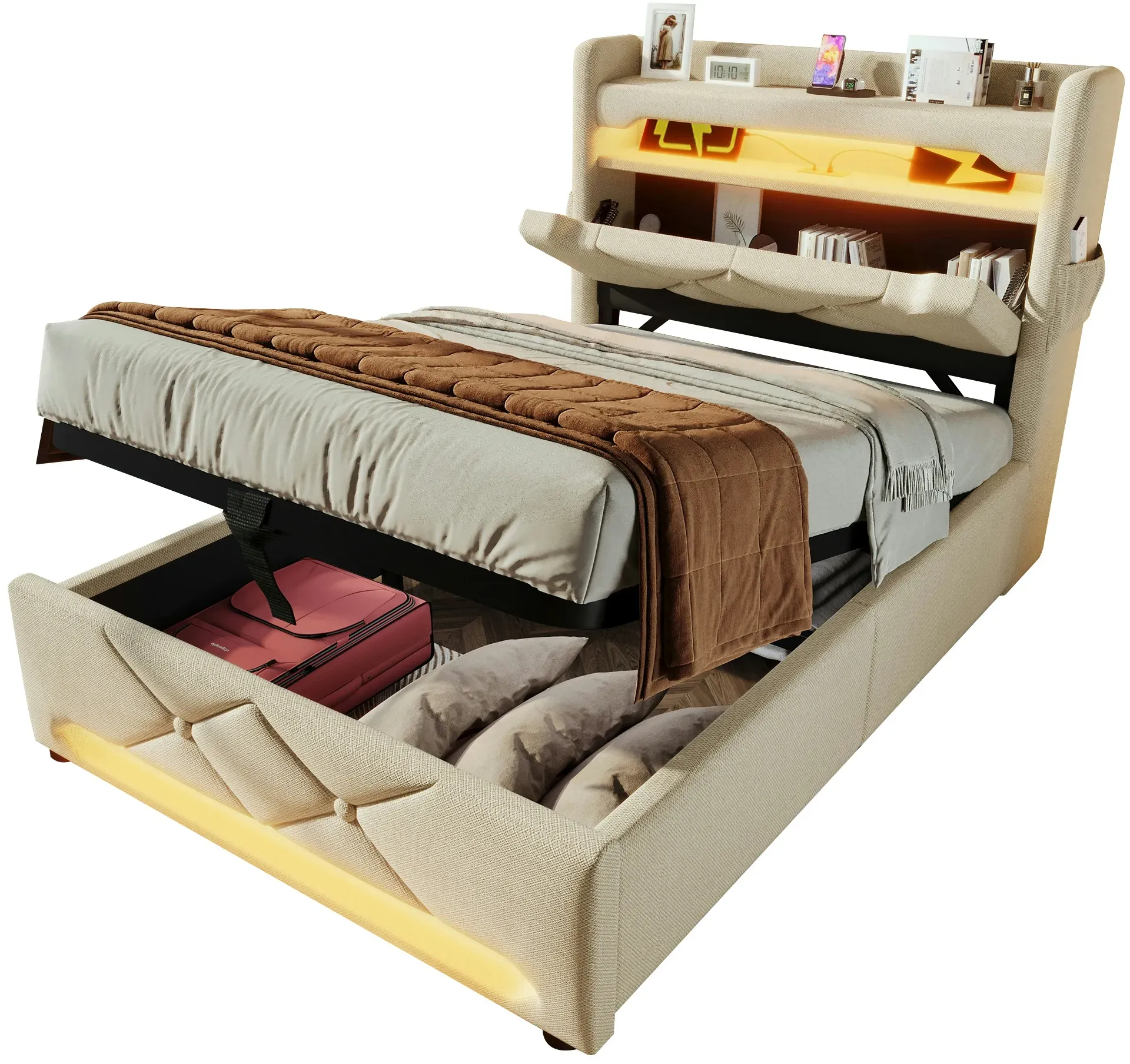 OKWISH Polsterbett 90x200 mit hydraulischem Stauraum, USB-Anschlüssen, LED-Beleuchtung und Ladefunktion für Smartphone – Beige
