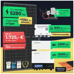 Solaranlage 5280W Komplett Steckdose mit 2,6-7,7kWh Stromspeicher - 3kW Notstrom - Halterung opt.