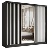 beautysofa Schrank mit Lamellen HELIX 240cm - Kleiderschrank im modernes Stil Garderobe mit Schwebetüren & Spiegel (Schwarz + Weiß) - Schwarz