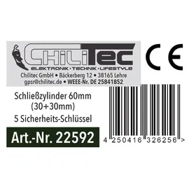 ChiliTec Schließzylinder 60mm (30+30mm) Profil-Zylinder, 5 Sicherheits-Schlüssel