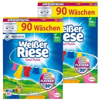 Weißer Riese Color Pulver 180 Waschladungen (2x 90 WL), Colorwaschmittel wirkt riesig stark gegen Flecken, Kalt-Aktiv schon ab 20° C, ergiebiges Waschpulver, ideal für Familien mit Kindern