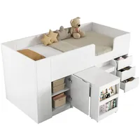 OKWISH Hochbett mit Stauraum, Schreibtisch und Stühlen (Etagenbett, Kinderbett, Hochbett, 1-St., MDF, 90*200, ohne Matratze) robustes MDF, hohe Tragfähigkeit bis 300 Pfund