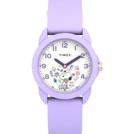 Timex Peanuts Time Teacher 34 mm Analoggehäuse Lila Silikonarmband Weiß
