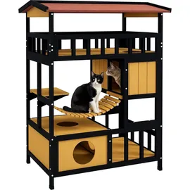 PawHut Katzenhaus Katzenhöhle mit Plattformen, Hängebrück für bis zu 2 Katzen - Gelb