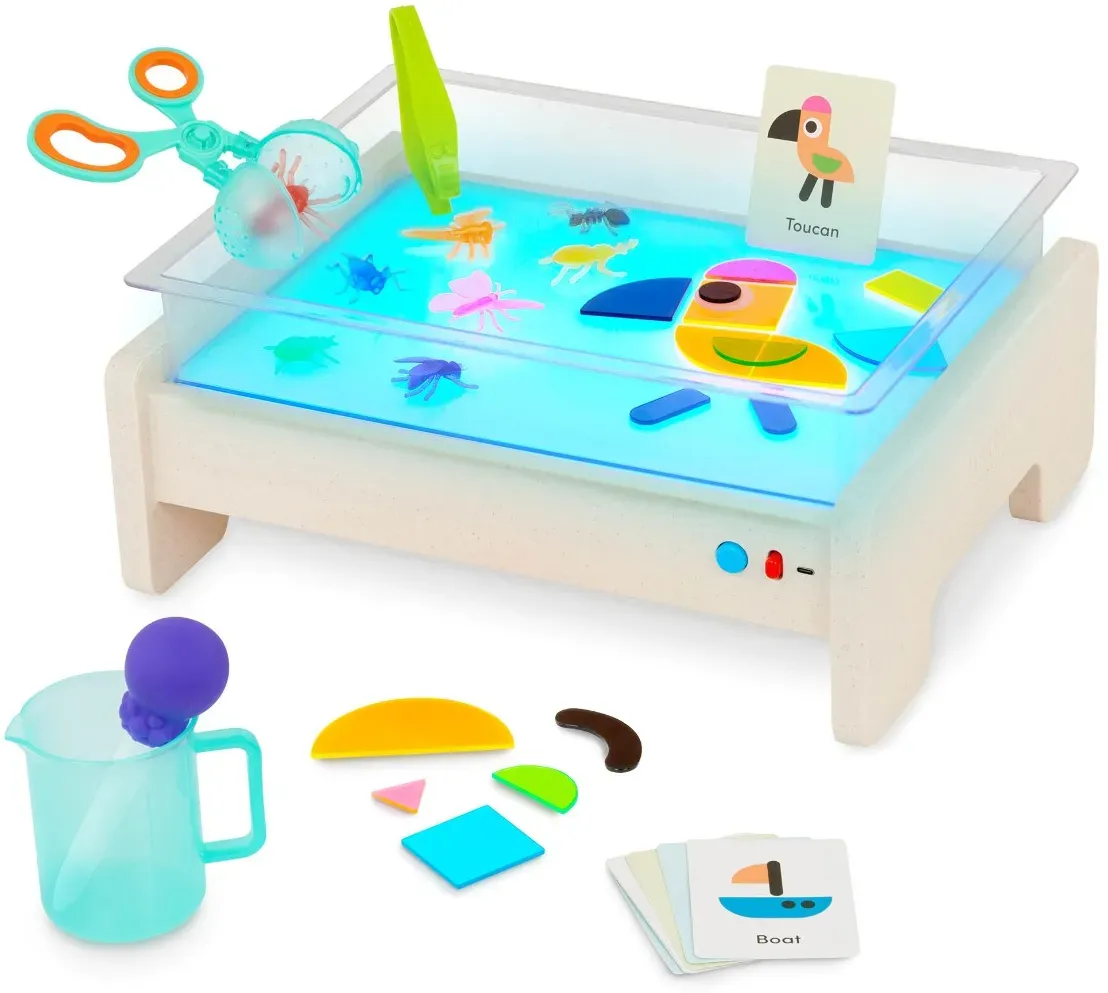 Battat Mein erster Leuchtkasten Sensorisches Spielzeug 38,7x28,6x14 cm Transparent - 5 LED-Farben, 51 Formen, USB-C/Batterie