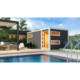 Karibu Saunahaus Außensauna Gartensauna Hygge terragrau lackiert Ofen 9 kW  externe Strg easy 38mm Massivholz 508x276x221 cm
