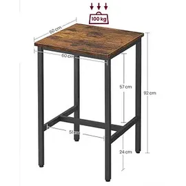 VASAGLE Stehtisch quadratisch 60 x 60 x 92 cm Braun/Schwarz
