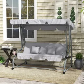Outsunny Hollywoodschaukel mit Liegefunktion, 3-Sitzer Gartenschaukel mit Verstellbarem Dach, Beistelltisch, wasserabweisender Schaukelbank belastbar bis 340kg, für Garten, 200x120x164cm, Hellgrau