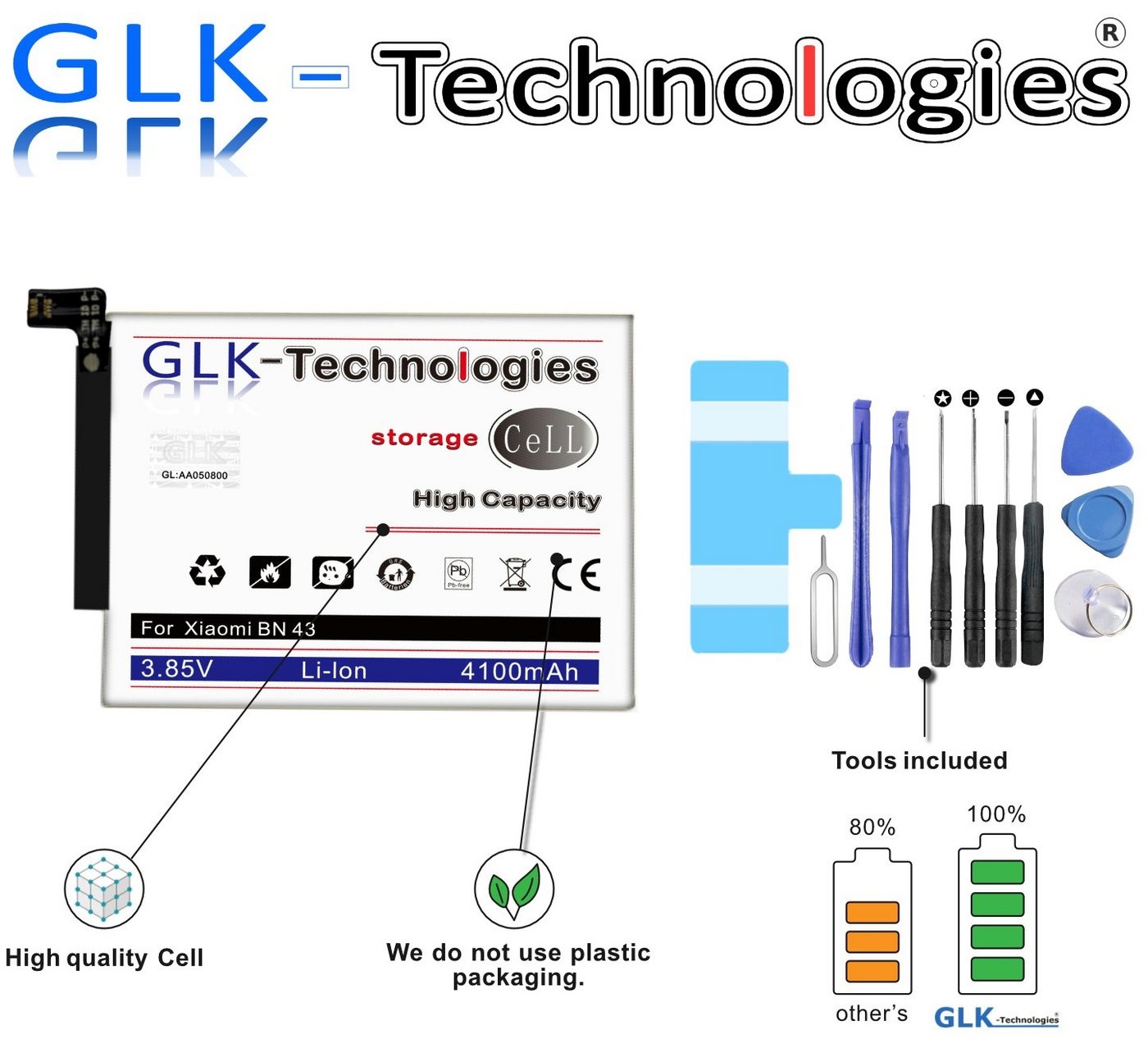 GLK-Technologies High Power Ersatzakku für Xiaomi REDMI Note 4X Akku BN43, Original GLK-Technologies Battery, accu, 4100 mAh Akku, inkl. Werkzeug Set Kit NEU Smartphone-Akku 4100 mAh (3.8 V)