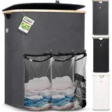 HENNEZ Wäschebox 150L - Wäschekorb 3 Fächer 60 cm Breit, Deckel - Wäschesortierer mit Wäschesack - Laundry Baskets - Wäschetonne - Wäsche Sortiersystem - Wäschesammler - Washing Basket - Grau Bambus
