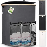 HENNEZ Wäschebox 150L - Wäschekorb 3 Fächer 60 cm Breit, Deckel - Wäschesortierer mit Wäschesack - Laundry Baskets - Wäschetonne - Wäsche Sortiersystem - Wäschesammler - Washing Basket - Grau Bambus