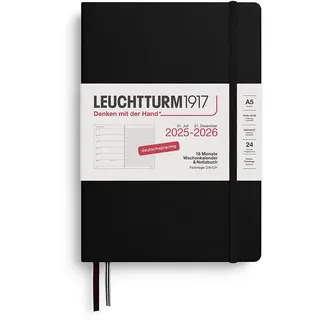 Almini LEUCHTTURM1917 372615 Wochenkalender & Notizbuch Medium (A5) 2026, 18 Monate 07.2025-12.2026, Hardcover, Schwarz, Deutsch