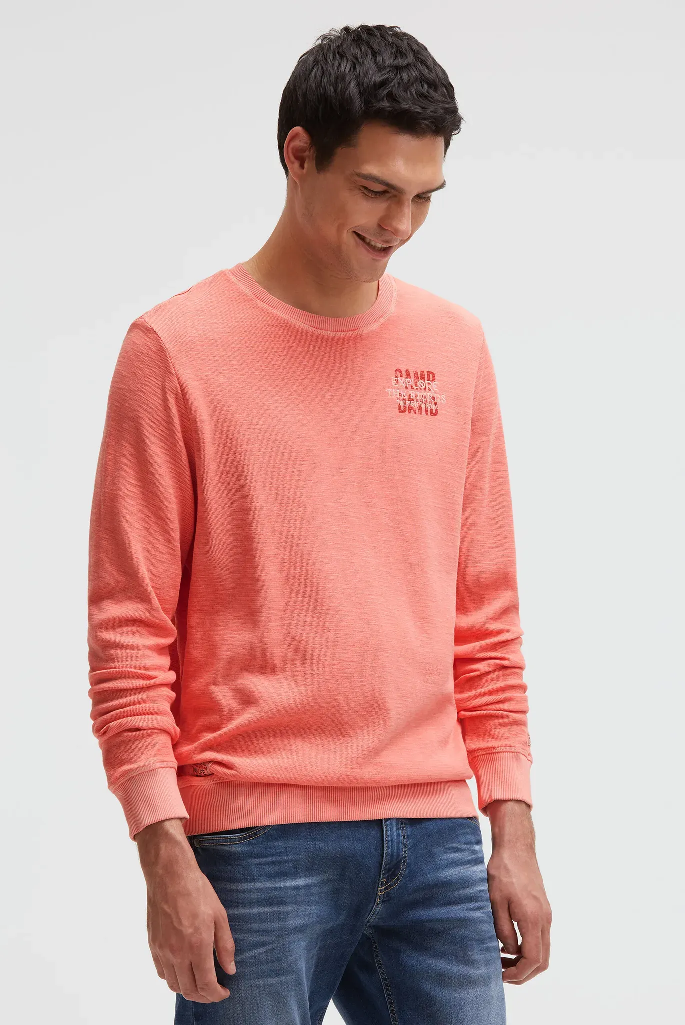 Sweater CAMP DAVID, Herren, Gr. S, wild salmon, Jersey, Material: 92% Baumwolle, 8% Polyamid, bestickt, relaxed fit normal, Rundhals, eingesetzt Rippbündchen, Sweatshirts Sweater, mit Baumwolle