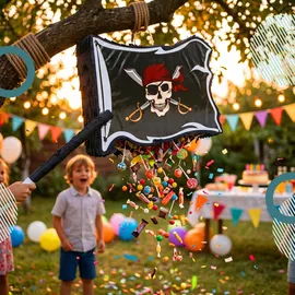 Relaxdays Pinata Piratenflagge mit Stab & Maske HBT: 35x40x8 cm Schwarz