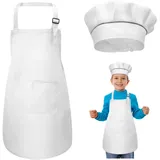 Kinder Schürze und Kochmütze Set, Kinder Einstellbare Kochschürze Kinderschürzen mit 2 Taschen für Jungen Mädchen, Kind Küchenschürzen für Küche Kochen Backen Malerei (7-13 Jahre) (Weiß)