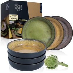 Moritz & Moritz Tafelservice Moritz & Moritz 6tlg Suppen Teller Vintage Geschirr Set Digital (6-tlg), 6 Personen, Geschirrset für 6 Personen bunt|gelb|grün|rosa