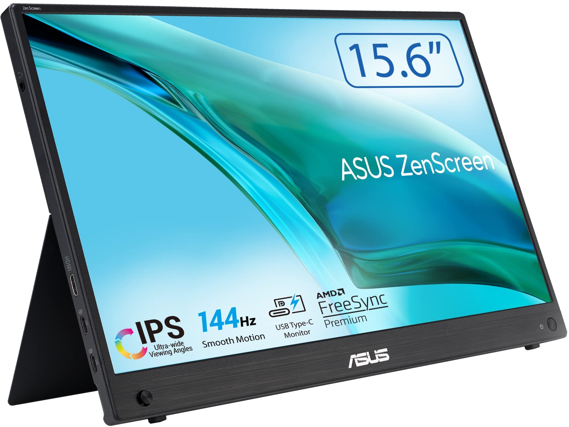 ASUS ZenScreen MB16AHG - 15,6 Zoll tragbarer USB Monitor - Full HD 1920x1080, Typ-C, Mini HDMI, Autorotation, Kickstand, Stativ Sockel - IPS Panel, 144Hz, FreeSync Premium, 16:9, entspiegelt