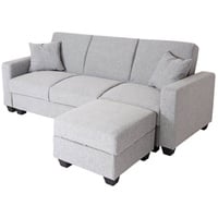 MCW Sofa MCW-H47 mit Ottomane, Couch Sofa Gästebett, Schlaffunktion Stauraum 217x145cm ~ Stoff/Textil hellgrau