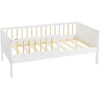 ML-Design Kinderbett 70x140 cm Weiß/Natur Einzelbett Holz Bett Lattenrost Rausfallschutz, 140x70
