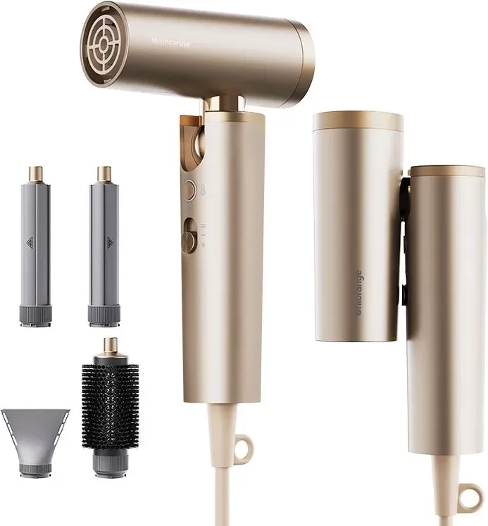 Uniorange H16 Mini klappbarer Hochgeschwindigkeits-Haartrockner, Motor mit 110.000 U/min, Plasma-Pflege mit 1 Milliarde+ Ionen, inkl. 4 Stylingdüsen, Gold