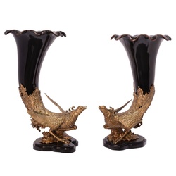 Casa Padrino Jugendstil Blumenvasen Set Fasane Schwarz / Messingfarben 34,8 x 25,5 x H. 47,3 cm - Prunkvolle Porzellan Vasen