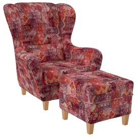 Supellex Sofia Ohrensessel mit Hockerr | Patchwork, Samt-Velours, Orient Rot