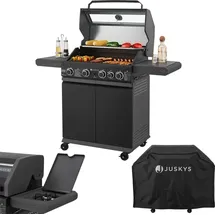 Juskys BBQ Gasgrill Savannah - 4 Brenner & 1 Seitenbrenner - Stahl Grill mit Gusseisen Grillrost,