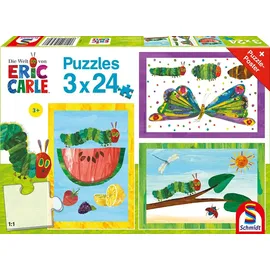 Schmidt Spiele Schmidt 56430 - Eric Carle, Die kleine Raupe Nimmersatt, Kinderpuzzle mit Poster, 3x24 Teile