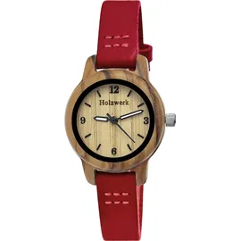 Holzwerk Germany Handgefertigte kleine Damen Holz Uhr mit Leder Armband in rot, Braun