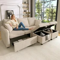Merax Multifunktionales Ecksofa, 3-Sitzer Polster-Sofa mit Schlaffunktion, mit 2 Staufunktion Hocker, mit 2 Schubladen, modular zerlegbar, Cord-Stoff, für kleine Wohnungen, Beige
