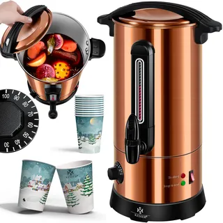 Kesser KESSER® Glühweinkessel 10L Edelstahl Inkl. 10x Becher Glühweinkocher mit Thermostat Glühweinautomat Heißgetränkeautomat Wasserkocher Heißwasserspender Einkochautomat Füllstandanzeige Zapfhahn