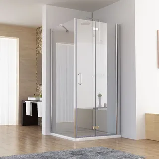 MIQU Duschkabine Eckeinstieg 80x80 cm Schwingtür Duschwand mit Doppel Scharnier Duschtür Pendeltür mit Festteil ESG Glas komplett Dusche Duschabtrennung Höhe 195cm, ohne Duschwanne