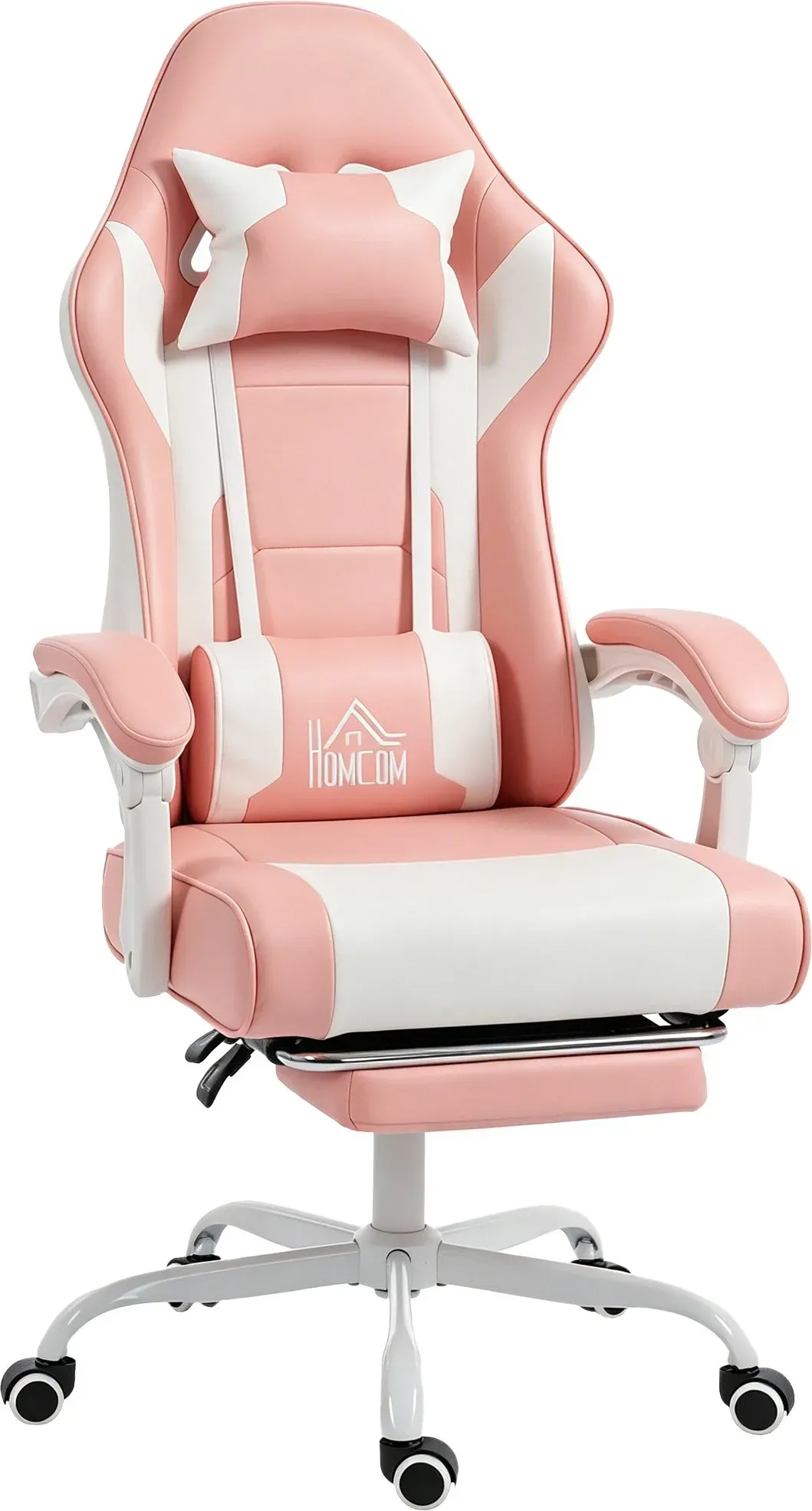 HOMCOM Ergonomischer Gaming-Stuhl, Gaming-Stuhl mit Lendenmassage Vibration, 155° neigbar, Höhenverstellbar, Kopfstütze und ausziehbare Fußstütze, für Büro, Arbeitszimmer, Rosa   Aosom