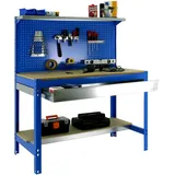 Proregal Werkbank Buffalo mit Werkzeugwand, Schubfach und Ablage | HxBxT 84x120x61cm | Traglast 600kg | Blau