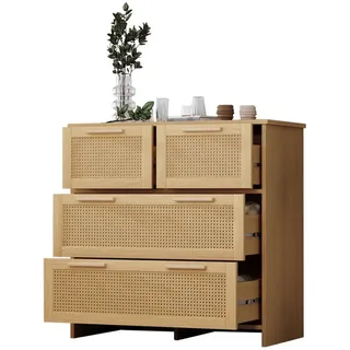 OKWISH Sideboard Rattanschrank (Sideboard mit 4-Schubladen und Massivholzgriffen), Maße: B80/H80/T38 cm