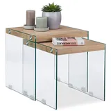 Relaxdays Satztisch 2er Set, massive Tischplatte, edle Glas Beistelltische, Wohnzimmer, Couchtische 40-45 cm hoch, natur