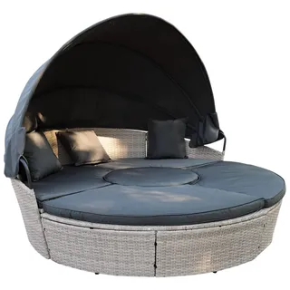 Calma Lux® Poly Rattan Sonneninsel XL mit faltbarem Sonnendach Ø 180/210 cm inkl. Auflagen Kissen, Lounge Sonnenliege Gartenmuschel (Hellgrau, Dia 210)