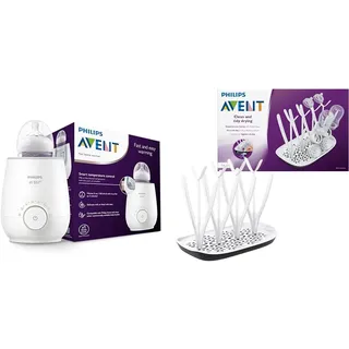 Philips AVENT SCF358/00 Flaschenwärmer für schnelles und gleichmäßiges Erwärmen von Milch & Babynahrung, weiß & SCF149/00 Trockenständer, weiß/blau