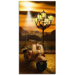 Glasbild ARTLAND "Oldtimer Motorroller romantisch", orange (farbe bild(er): orange), B:50cm H:100cm, Bilder, in verschiedenen Größen