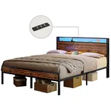 MSMASK Bettgestell Vintage Braun Metallbett mit 3 USB-Anschlüssen und LED Beleuchtung (1-tlg., Ohne Matratze), 140 x 200 cm braun 140 cm x 215 cm x 80.5 cm